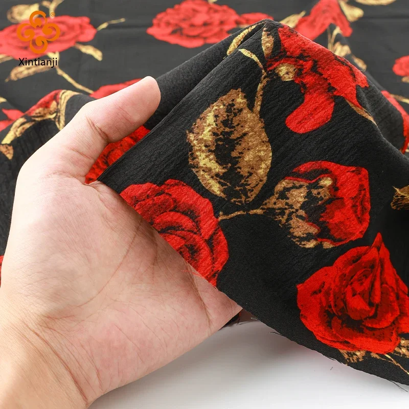 1m/3m/5m Chiffon Fabric for Sewing Red Rose Flower Black Fabrics for Elegant Dresses By Meters 59 Inch Wide Soft Not See Through