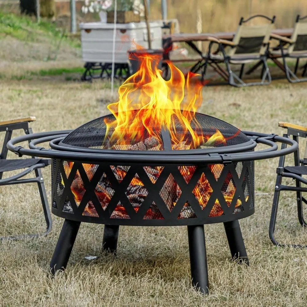 36 Inch Wood Burning Fire Pit with 2 Loops, Outdoor Fire Pit with Spark Screen & Fire Poker, Cross Weave Firepit