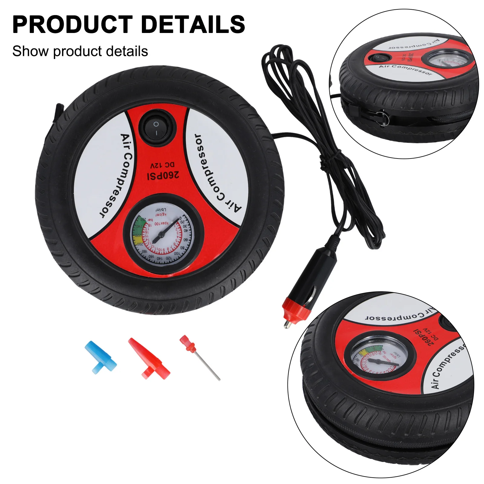 

Накачка шин 12 В, 260 фунтов на квадратный дюйм, мощность 80 Вт, ABS + металл, износостойкий, антикоррозийный, подходит для автомобильных шин, практичный