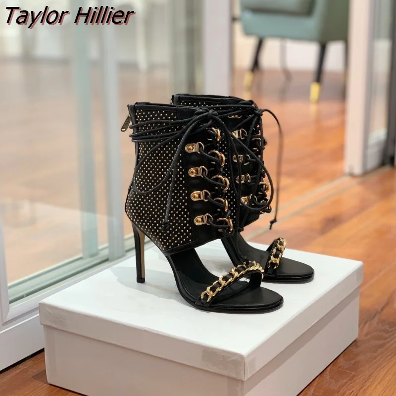 

Summer Metal Buckle Black High-Heeled Shoes Open Toe Stiletto Lace Back Zipper Sandals Fashion All-Match Breathable Ladies Boots