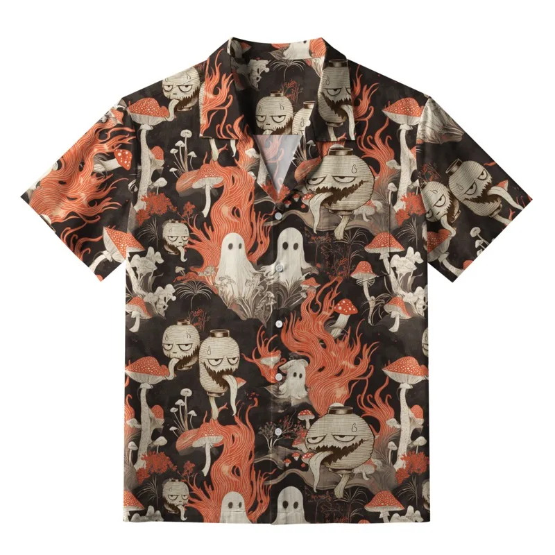 

Japanese Lantern Ghost Aloha Hawaiian Shirt Halloween Summer Holiday Blouse Single Breast Chic Short Sleeve Cuban Collar Tunics