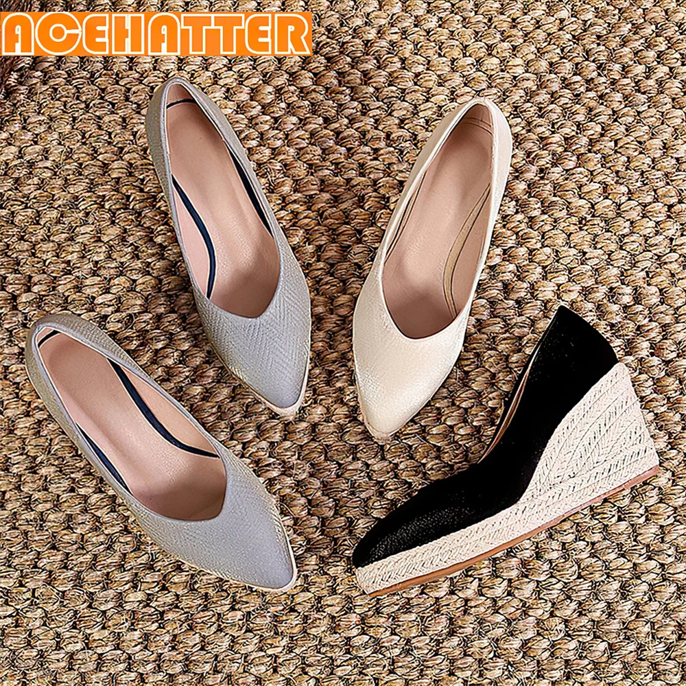 Autumn New Low Cut Pointed Toe Fisherman Shoes Wedge Platform 10cm High Heels Work Shoe Block Heel Straw Pumps Women Espadrilles