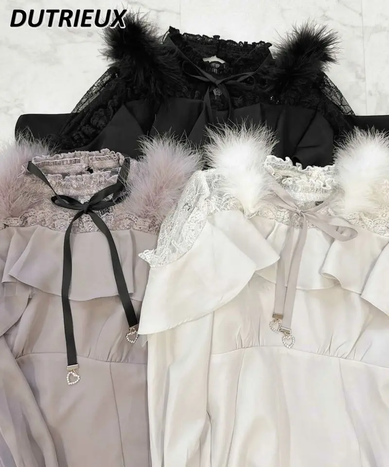 Vestidos de manga larga bonitos y dulces de Color liso para mujer, vestido informal con cuello empalmado y volantes de encaje con lazo y hombros descubiertos para primavera y otoño