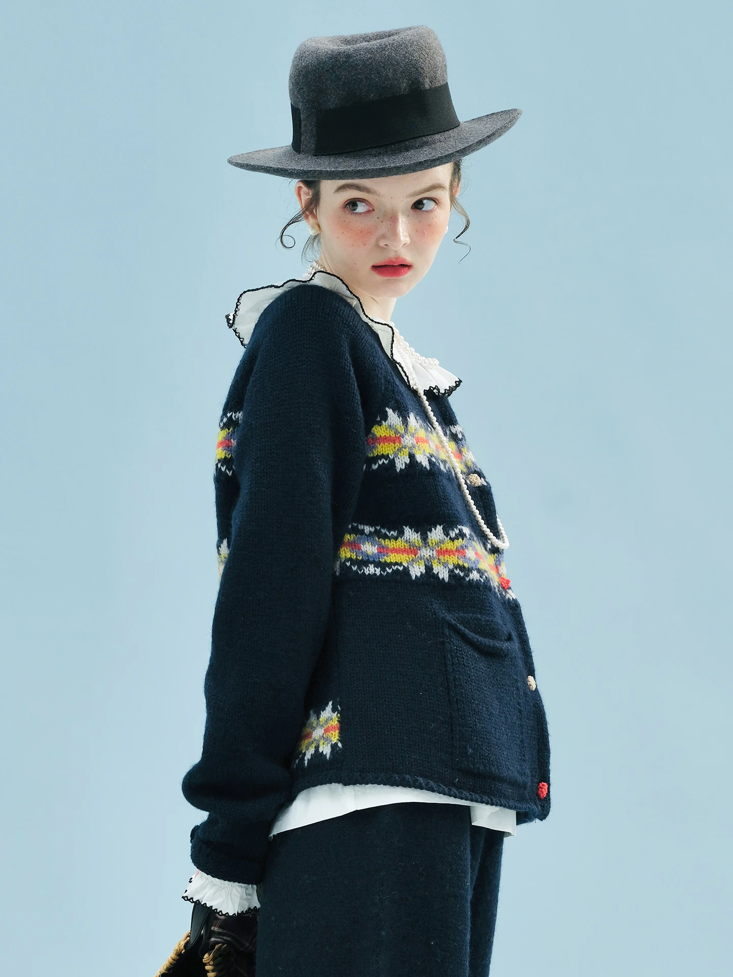 Imakokoni 2025 invierno Retro artístico Fair Isle peso pesado tejido grueso lana pura mujer suéter abrigo 255236