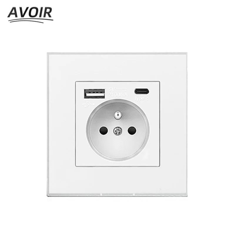 

Avoir Wall Dual USB Power Socket French Electrical Outlets With Type C Charger Ports 2.1A White Black Plastic Panel Phone Holder