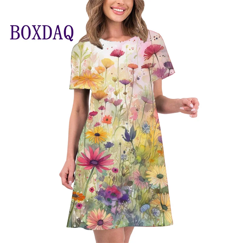 Retro Flower Power Women Dress Fashion Casual Street 3D Print Short Sleeve O-Neck Loose Mini Dress New Ladies Summer Dress