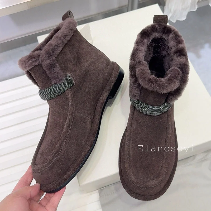 Snow Boots Women's Suede Round Toe String Bead Flat Sole Short Boots Winter Thick Bottom Real Wool Lining Warm Ankle Botas 2025