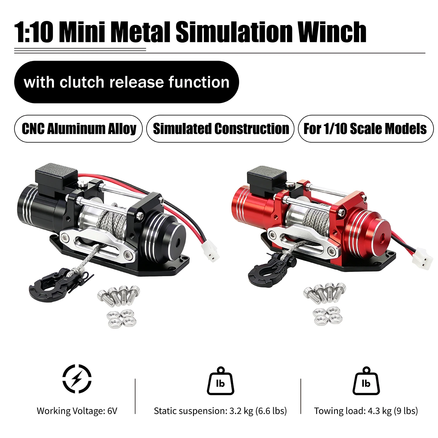 Metallgetrommelter elektrischer Seilwindenheber mit Kupplungsfreilauf für 1/10 RC Crawler Car TRX4 TRX6 SCX10 D110 D90 Wrangler CC01 TF2 VS4-10