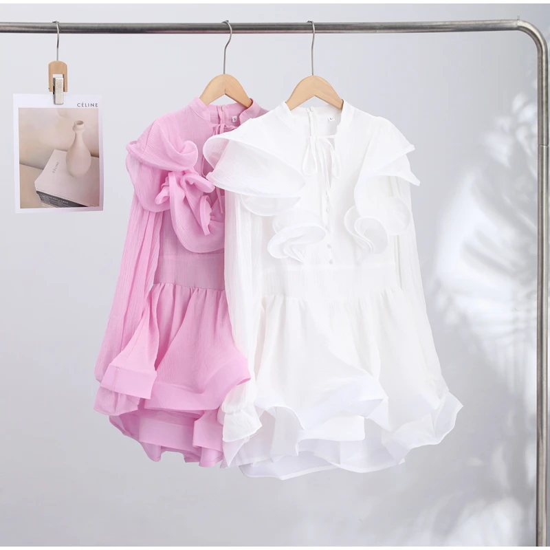 Solid Ruffle Mini Dress U Neck Long Puff Sleeve Tie Neck Tiered Hem Sweet Style Gown Soft Pastel Tones Fashion Chic Women Outfit