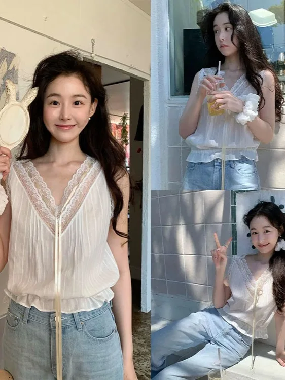 Camisa Sem Mangas com Decote em V e Renda Estilo Coreano MOSA, Novo Vestido Slimming de Verão Dongdaemun para Mulheres, Vestu...