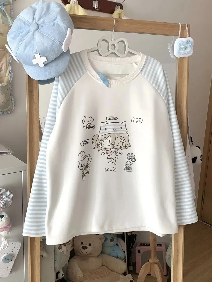 Kawaii Sweet White Harajuku Hoodies Japanese Tshirts Y2k Women Striped Preppy Style Cartoon Print Sweatshirt Sudadera Mujer