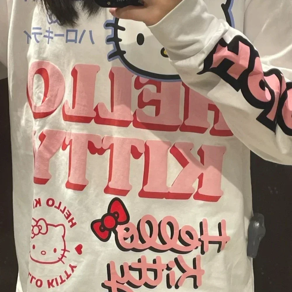 

Hello Kitty T-shirt Pure Cotton Cute Cartoon Print Pattern Round Collar Long Sleeves Loose Leisure Versatile Comfort Coat New