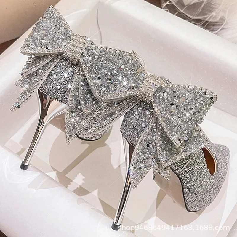 Luxury Silver French Fairy Style Crystal Diamond Women\'s Bow Bridal Wedding Shoes Pointed Thin Heels Beautiful Girls High Heels