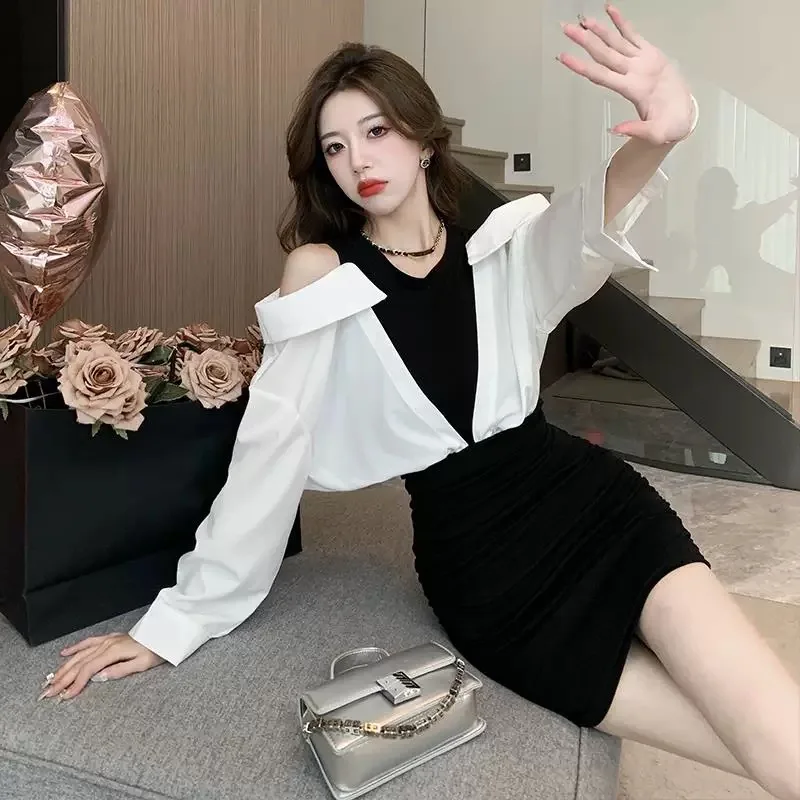 Korean Fashion Blouse Dresses Lady Elegant Social Business Dresses Women Fake 2-piece Design Knit Stitching Winter Autumn Dress