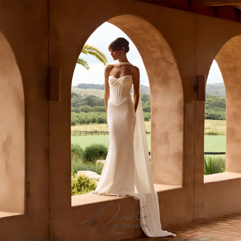 QICHE Moderne Zeemeermin Trouwjurk Vrouwen Plooi V-hals Open Rug Mouwloze Strapless Bruidsjurk Vestidos De Novia Aangepaste