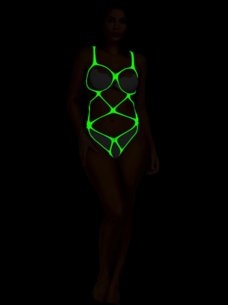 빛나는 녹색 스트랩 섹시 바디수트 속이 비치는 나이트 라이트 바디수트 메쉬 자카드 시스루 바디수트 매력적인 나이트클럽 Y431