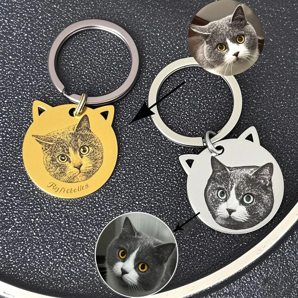 

Stainless Steel Personalized Custom Pet Photo Creative Animal Ear Round Pendant Keychain Engraving Cat Dog Jewelry Keyring Gift