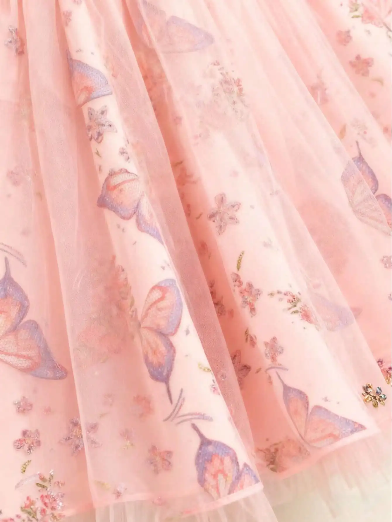 2026 Frühling/Sommer Herbst Eleganter Rundhals-Langarm-Mesh-Kleid mit Schmetterlingsdruck und Trompetenrock, Geeignet für Tägliche Reisen – Detail 11