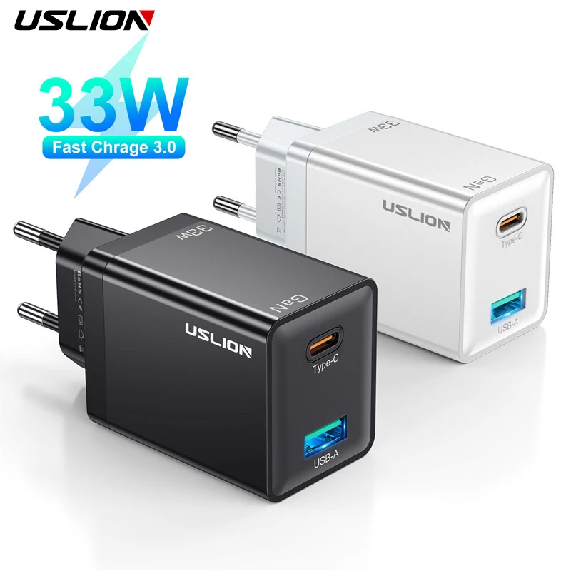 USLION 33W GAN Type C Quick Charger QC3.0 EU UK US KR Plug USB C Charger Fast Charging PD Mobile Phone Charger For iphone Xiaomi