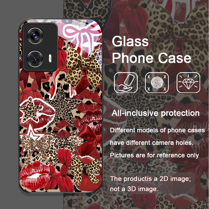 Strawberry Bow Leopard Print Tempered Glass Phone Case for Motorola Moto Edge 50 Fusion 40 Neo 30 Pro G85 G84 G35 G55 G04 Covers view 5