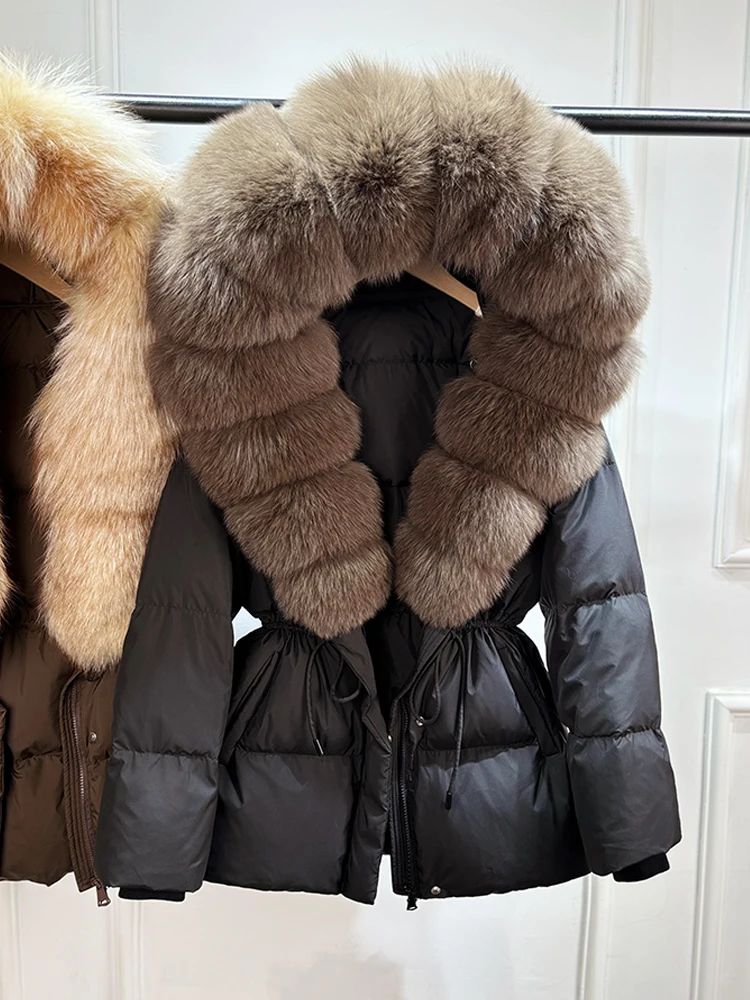 2026 New Winter Real Natural Fox Fur Collar Thick Wam Puffer Jacket Women Hooded Belt Slim White Duck Down Coat Waterproof Parka