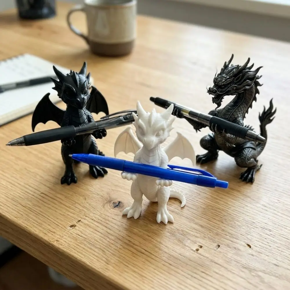 3D Printed Dragon Shaped Pen Holder Vintage Style Cartoon Dragon Pen Stand Statue Plastic Oriental Myth