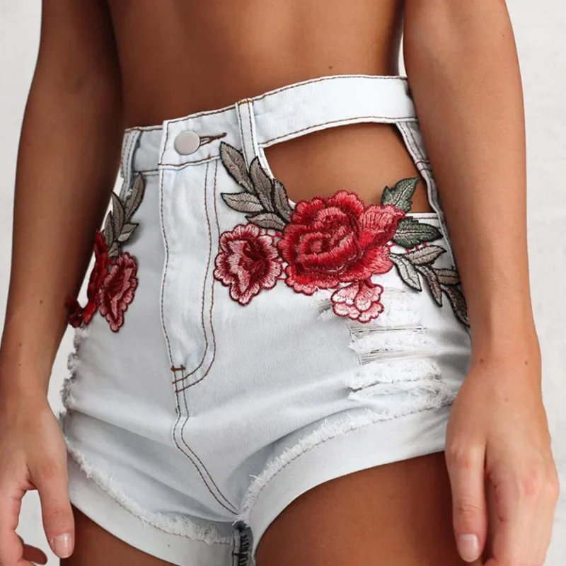 

Women's Summer 2023 Low Waist Denim Sexy Hollow Out Rose Embroidery Solid Color Shorts Loose All-Match Streetwear Indie Clubwear