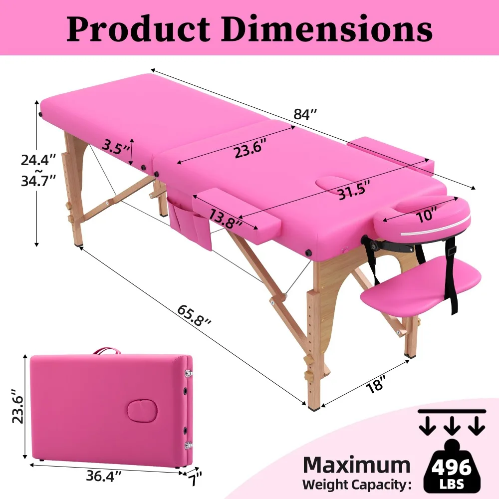 Massage Table Massage Bed Portable, 2 Section Foldable Tattoo Bed Facial Care Spa Lash Bed Height Adjustable Sturdy Wooden Frame