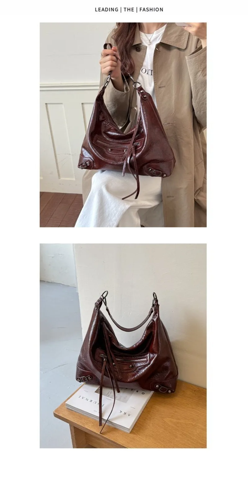 CEEKAY Damen Hobo-Tasche, Schwarz, Glänzendes PU-Leder, Große Schulterhandtasche mit Reißverschluss-Detail, für den täglichen Arbeitsweg, Casual, Minimalistisch – Detail 3