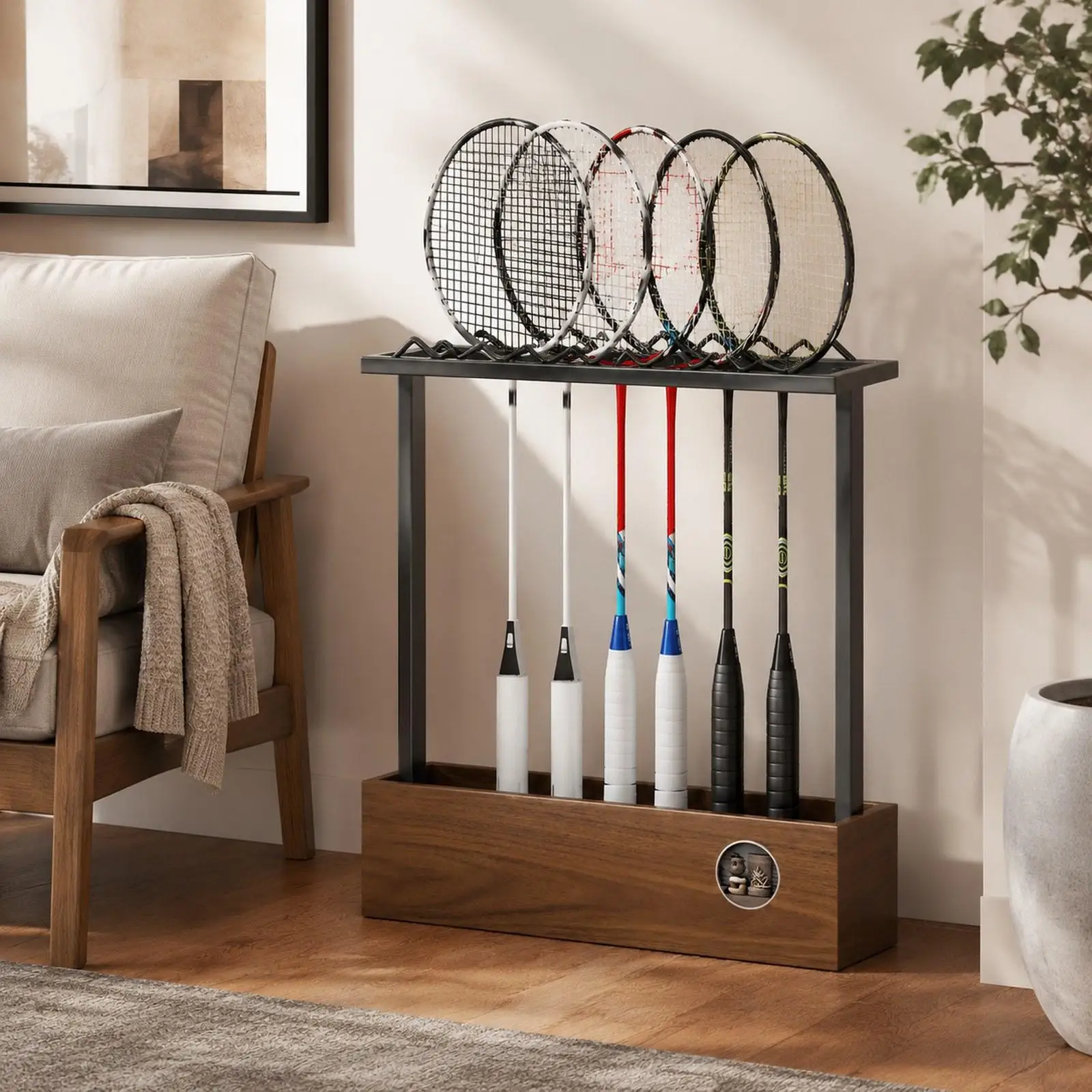 

Badminton Racquet Rack Iron Wood Organizer Tennis Racket Display Holder Large Capacity for Game Room