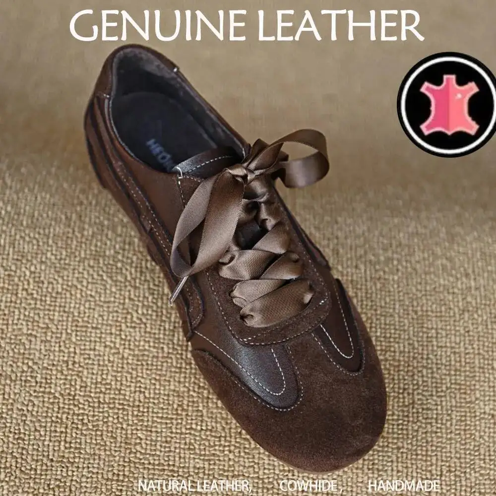 

Women's Sneakers Suede Retro Lace Up Casual Flats Women Comfort Shallow Autumn Footwear Female Genuine Leather Ballet Sneakers