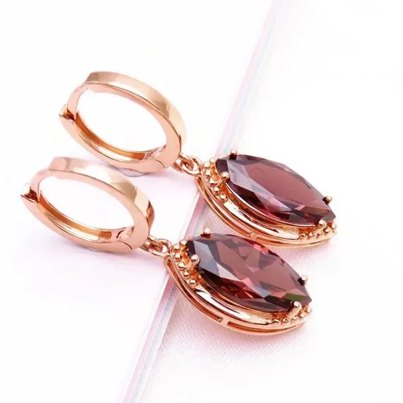 Exquisite New in Marquise Shape Pink Gems Earrings for Women Simple Fashion Copper Plated Rose Golden Earings Jewelry