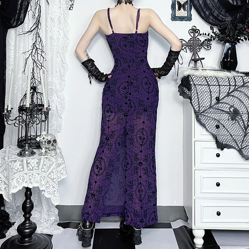 Vintage Sexy Purple Lace Flocking Sleeveless Bodycon Party Dresses Y2K Goth Floral See Through High Slit Long Dress WomenFashion