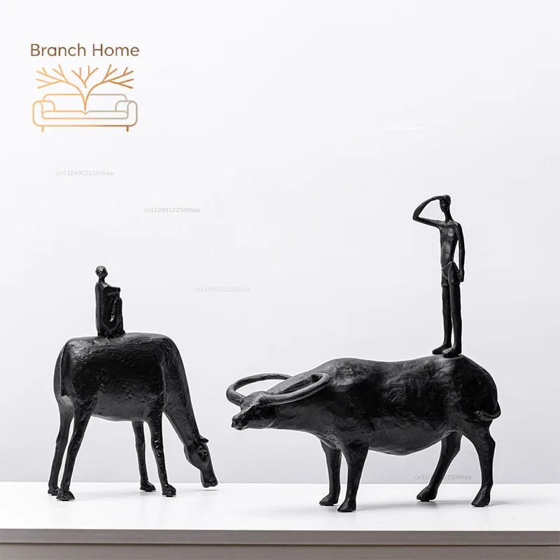 Modern Abstract Resin Crafts Wrangler Porch Desktop Ornaments Living Room Decoration Herd Cattle Black Person Home Decoration