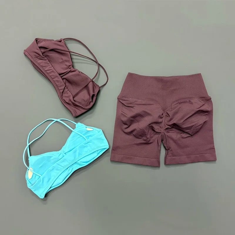 2PCS Woman Gym Vision Sets Cross Backless Bra And Shorts Seamless Breathable Yoga Clothes Pilates Workout Fitness Sports Suit