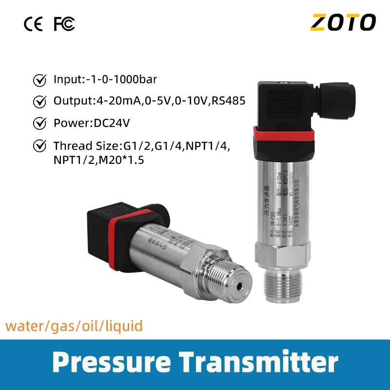 Pressure Transmitter -1-0-1000bar 4-20ma 0-10V RS485 0-5V Output Water Tank Oil Gas G1/4 M20*1.5 Thread Size Pressure Sensor