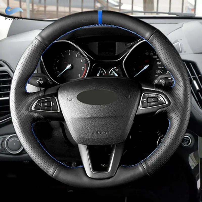 Wewnętrzny skórzany pokrowiec na kierownicę do Ford Focus 3 2015 2016 2017 2018 Kuga Escape C-MAX Ecosport 2018 2019 niebieski pasek
