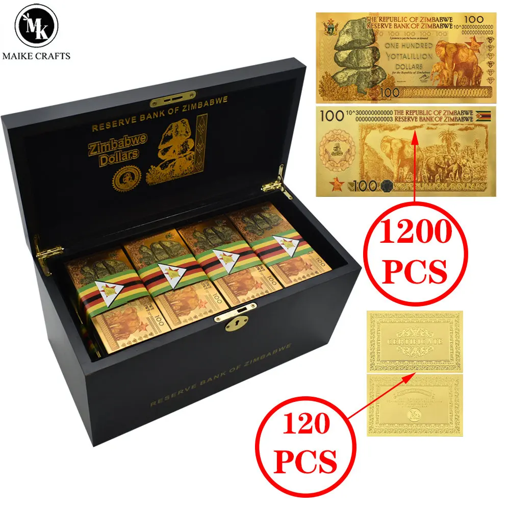 1200pcs/box One Hundred Yottallion Dollars Zimbabwe 17 Styles Gold Banknotes Wooden Box Set Collection Holiday Gift