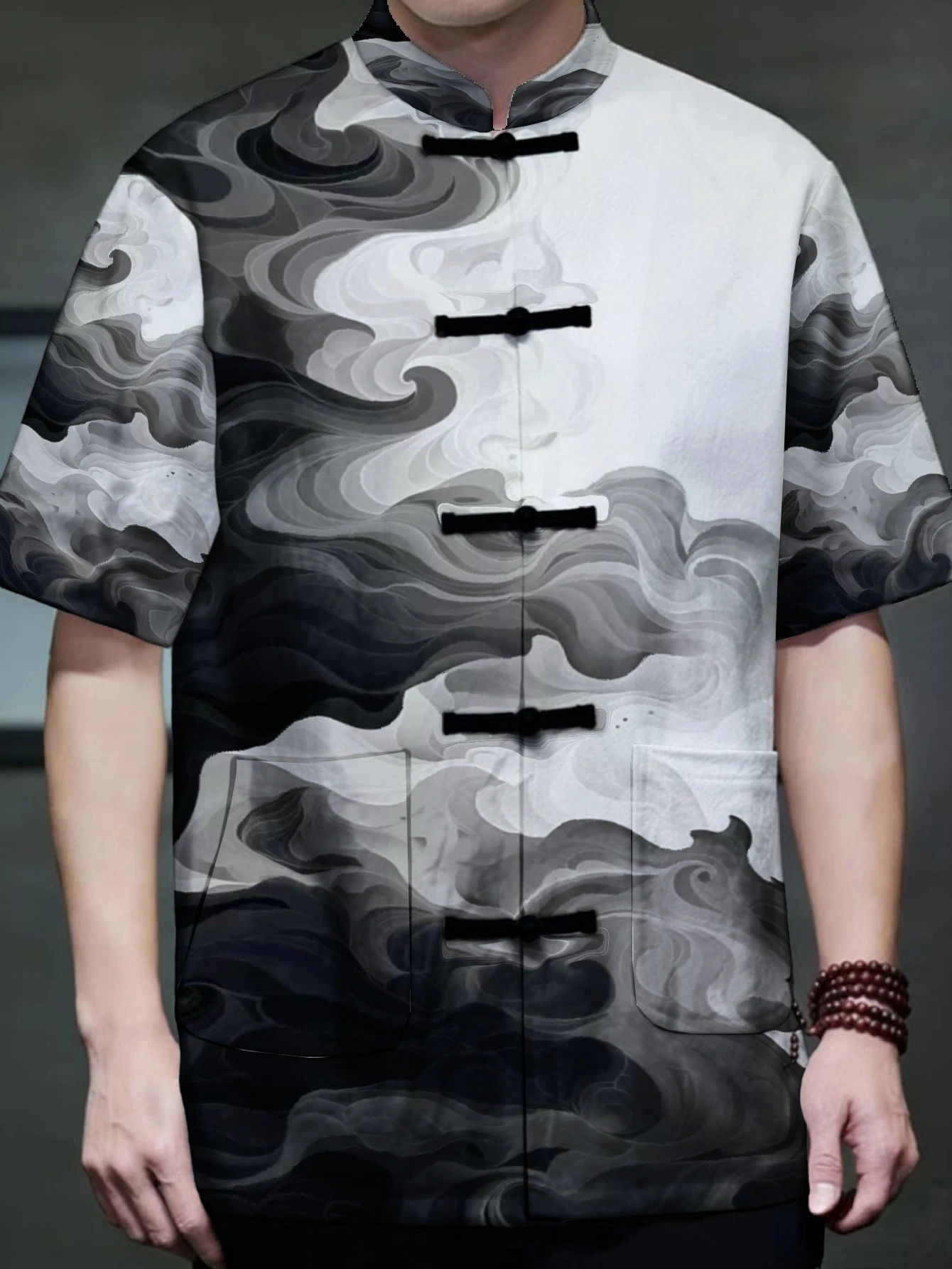 Men Men Mandarin Collar Frog Button Short Sleeve Shirt Tie Dye Marble Wave Abstract Print Traditional Top - Aliexpress Deal
