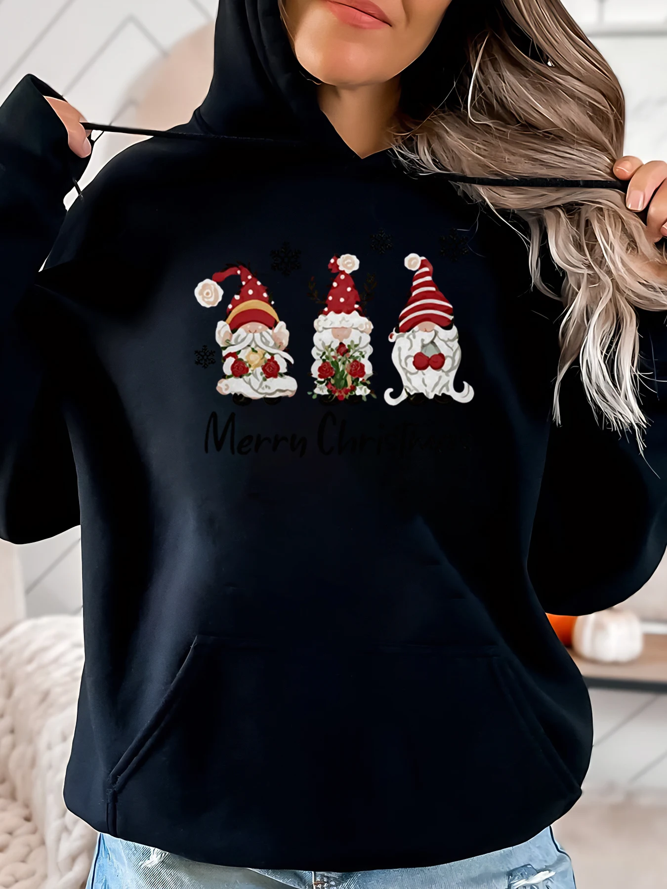 

Christmas Gnomes Merry Christmas Print Hoodie Women Holiday Casual Wear Black Plus-Size