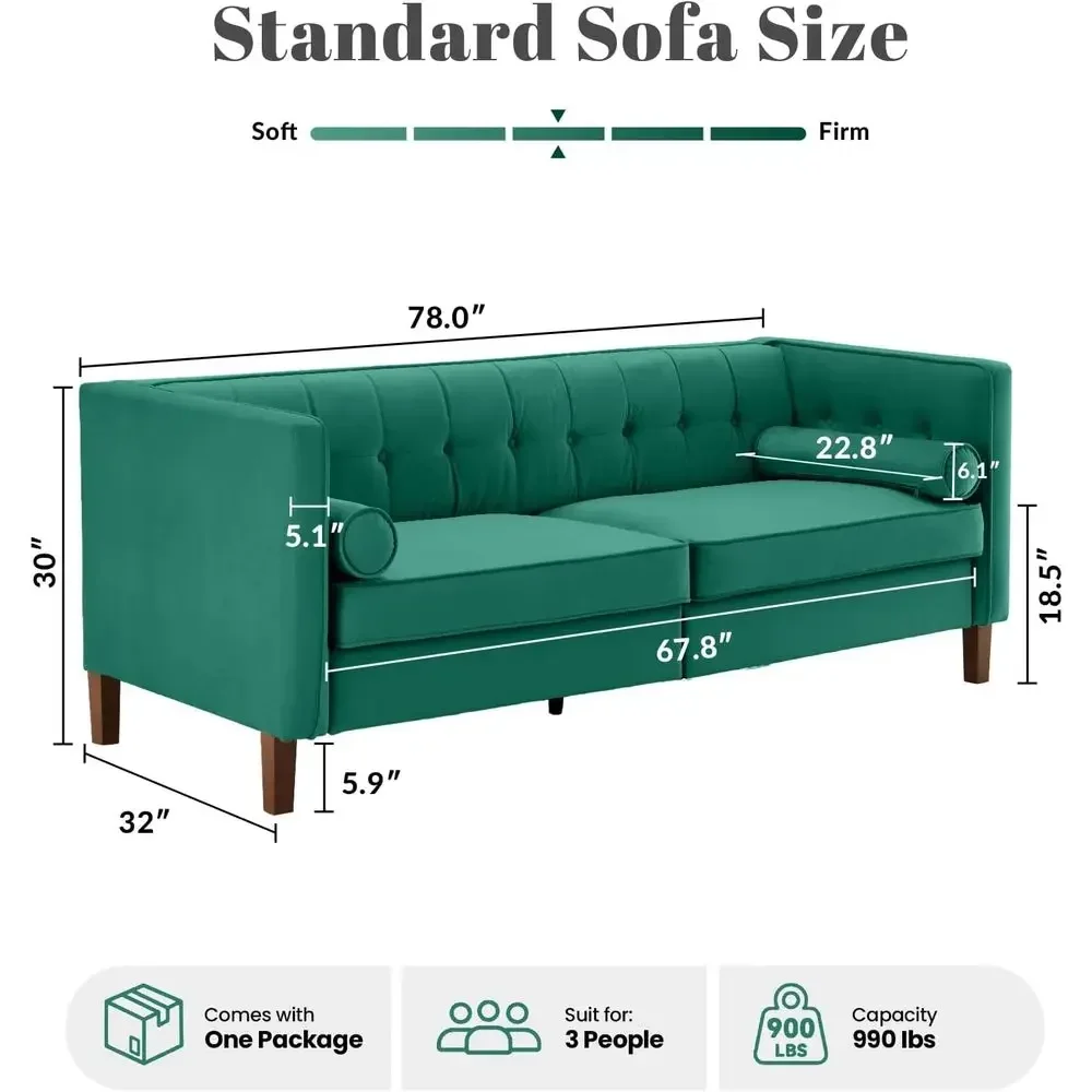 Velvet 18th-Century Style Love Seat Sofa with Bolster Pillows, Button-Tufted Couch for Living Room (Teal)