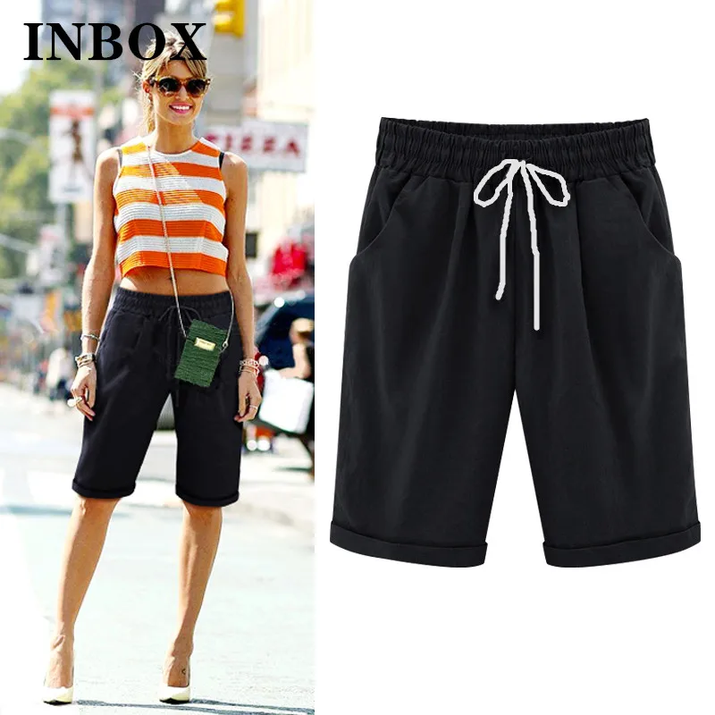 

INBOX Black Straight Casual Capris Woman 2023 Summer Pants Drawstring Pocket Elastic Waist Shorts Female