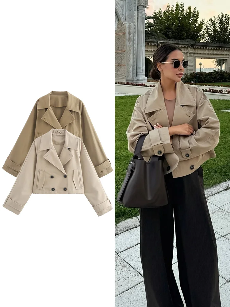 TRAF Women\'s British style double-breasted long-sleeved jacket autumn and winter new trench coat style suit collar short jacket