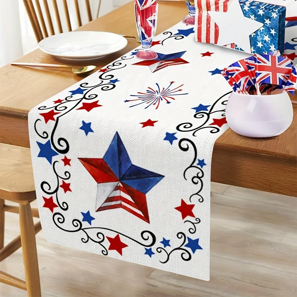 Red and Blue Stars Pattern 4th of July Linen Table Runners Patriotic Independence Day Table Runner for Party Dining Table Decor