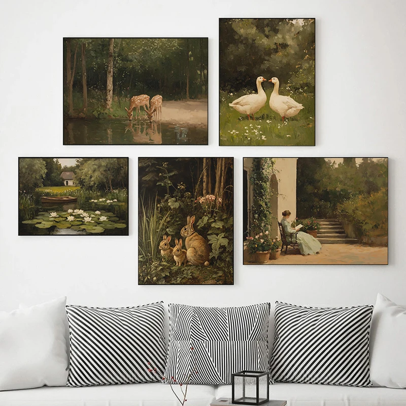 Classic Countryside Coastal Landscape Poster Serene Nature River House Field Canvas Painting Wall Art Picture Gallery Home Decor