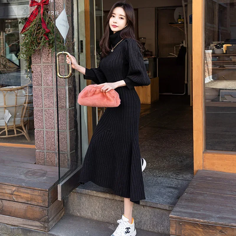 Fashion Autumn and Winter 2023 New Korean Style High Collar Slim Long Sleeve Frenulum Jersey Thick Midi Dress Women\'s Fashion