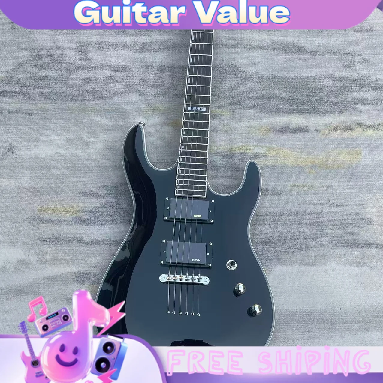 Black Ultra-Thin ESP-Style Electric Guitar  HH Pickups 24 Tone Sealed Active Pickups with Fixed Bridge view 2