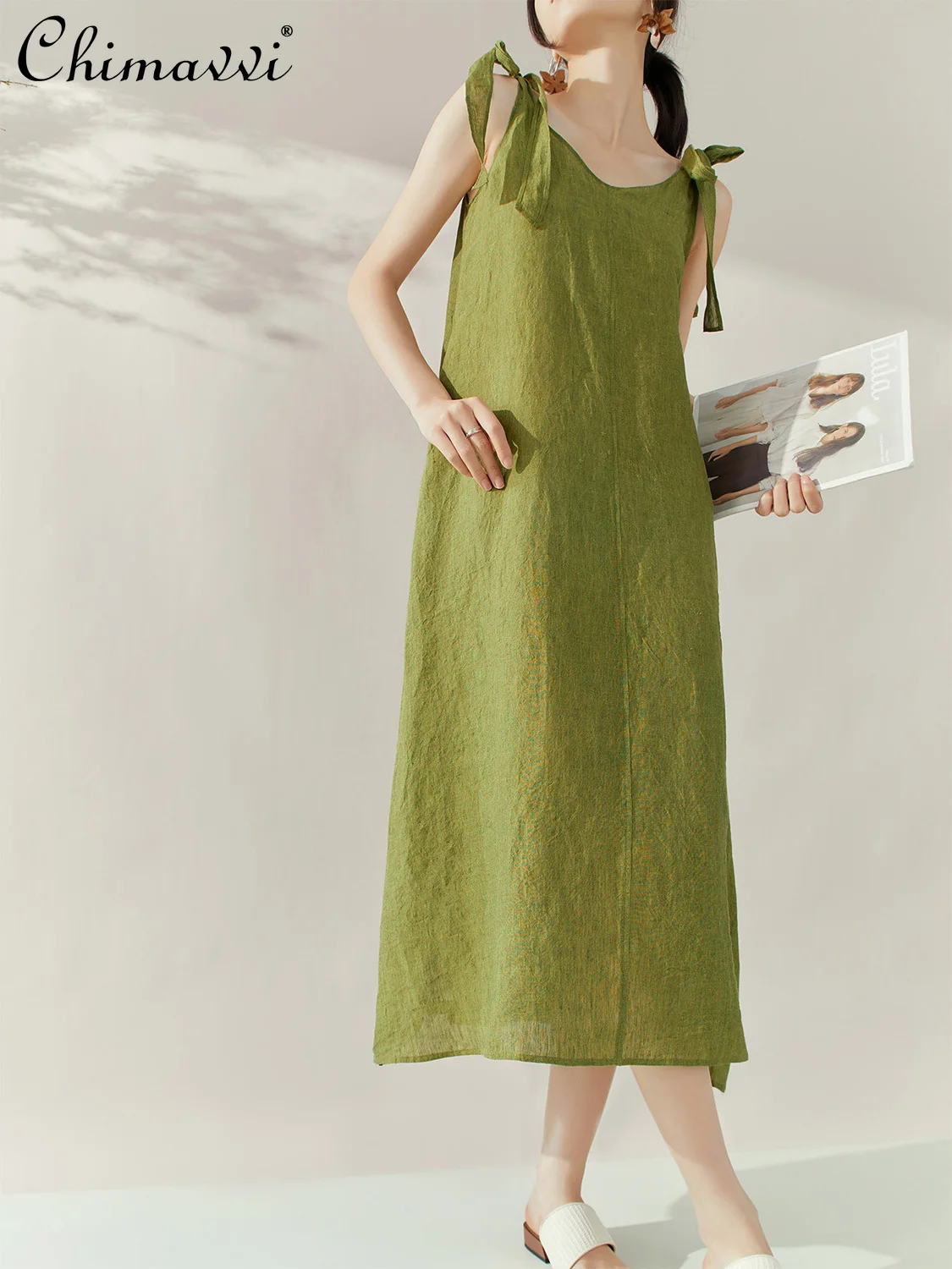 Eleganckie francuskie sukienki letnie w stylu casual na wakacje, sznurowane, z kokardą, na ramiączkach, z dekoltem w serek, z wysoką talią, luźne, w kształcie litery A, bez pleców, zielona długa sukienka damska.