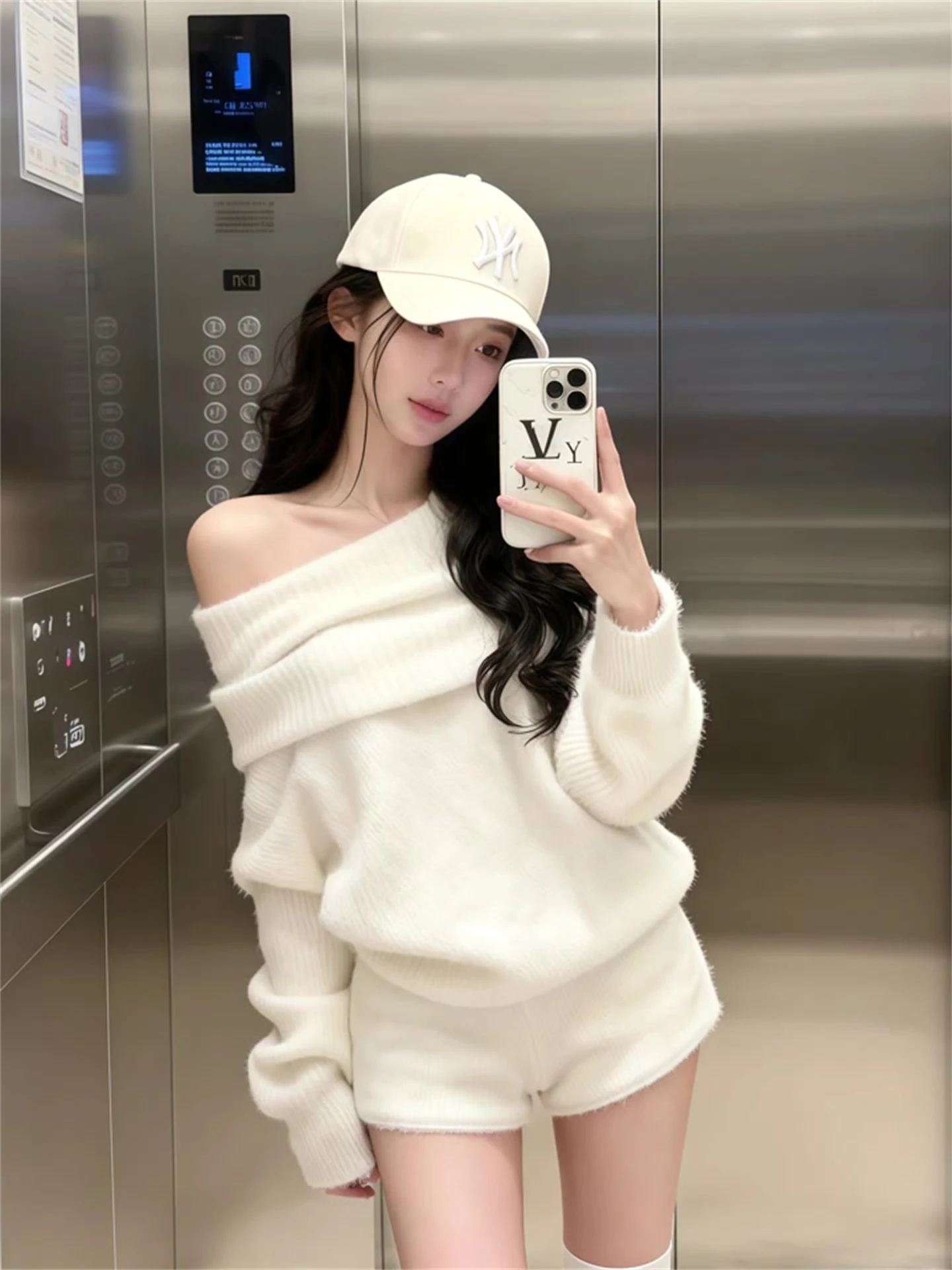 

White High Waist Knitted Sweater Set Women's Autumn Winter One oulder Long Sve Pure Desire High Waist ort Pants Two Pi...