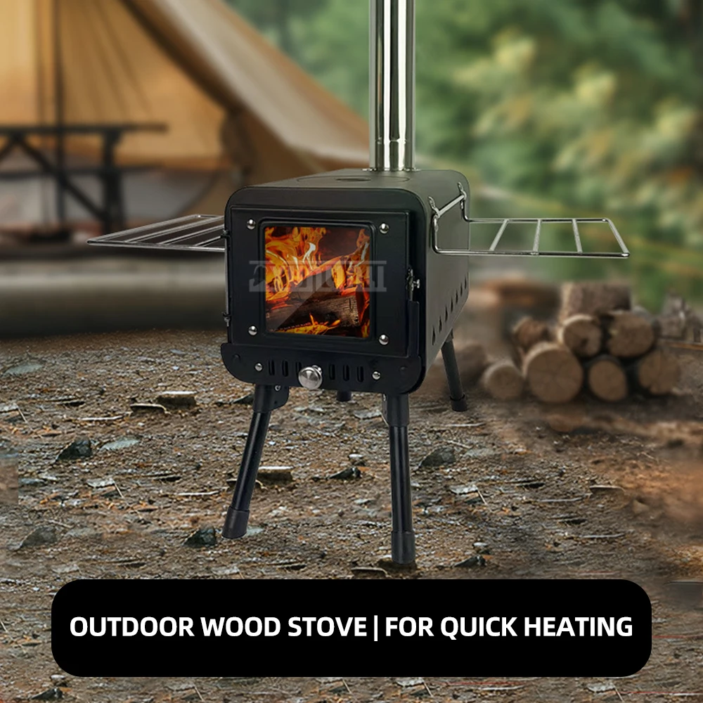 Portable Heating Stove Outdoor Camping Wood-burning Stove with 5 Sections of 32cm Pipes Camping Tent Stove